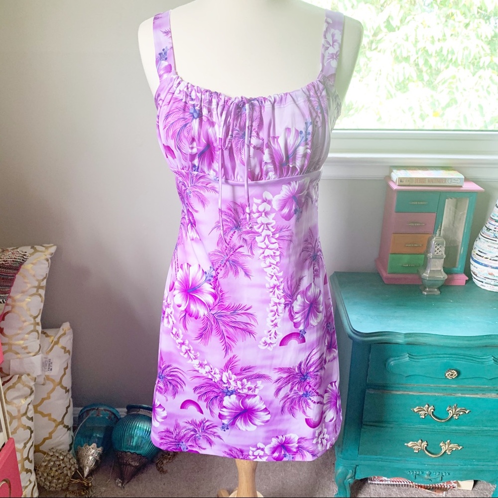 90s Style Purple Tropical Mini Dress